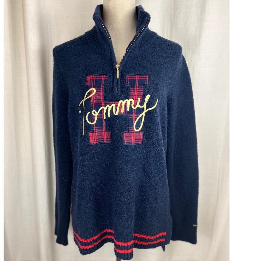 Tommy Hilfiger Women's Plaid Patch Embroidery Logo Quarter Zip Navy Sweater L